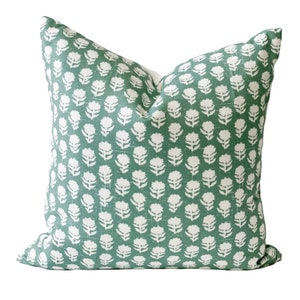 Green Floral Pillow Cover Farmhouse Accent Pillow Green and White Hand Stamped floral Pillow Cover Modern Farmhouse 20 x 20 Free Shipping