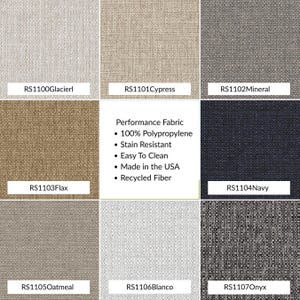 Grid of eight neutral performance fabric swatches labeled Glacier, Cypress, Mineral, Flax, Navy, Oatmeal, Blanco, and Onyx, with text in the center reading: Performance Fabric, 100% Polypropylene, Stain Resistant, Easy to Clean, Made in the USA, Recycled Fiber.