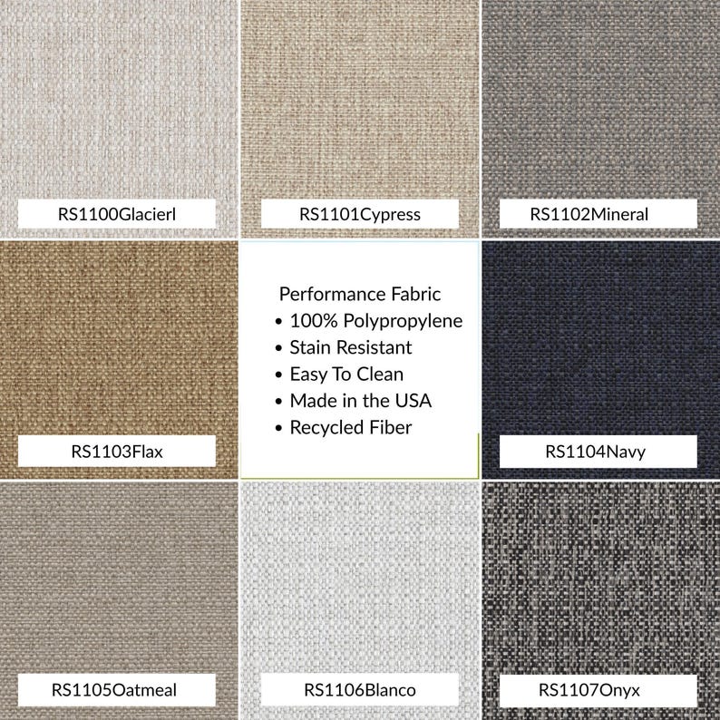 Grid of eight neutral performance fabric swatches labeled Glacier, Cypress, Mineral, Flax, Navy, Oatmeal, Blanco, and Onyx, with text in the center reading: Performance Fabric, 100% Polypropylene, Stain Resistant, Easy to Clean, Made in the USA, Recycled Fiber.