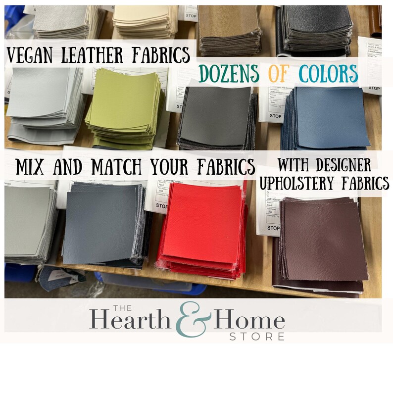 Preview of Vegan Leather Faux Leather fabric samples before ordering a custom 2-inch or 3-inch cushion for your home