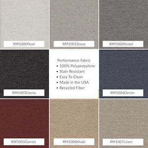 Performance fabric swatch chart showing Pearl, Stone, Nickel, Ebony, Denim, Garnet, Khaki, and Linen colors. 100% polypropylene, stain resistant, easy to clean, made in the USA with recycled fiber.