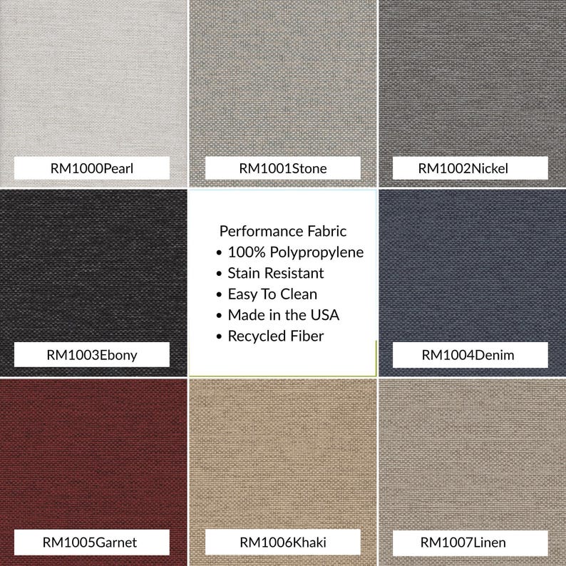 Performance fabric swatch chart showing Pearl, Stone, Nickel, Ebony, Denim, Garnet, Khaki, and Linen colors. 100% polypropylene, stain resistant, easy to clean, made in the USA with recycled fiber.