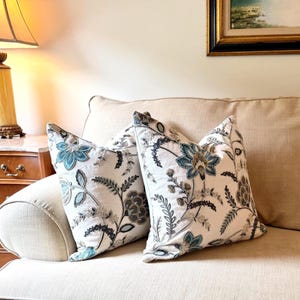 Stroheim Embroidered Luxury Blue Jacobean Floral Linen Pillow Cover 20" x 20"