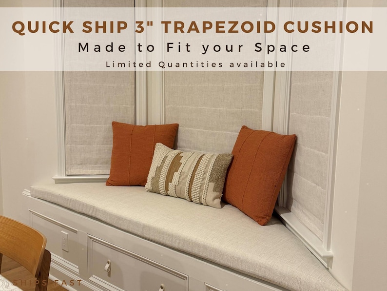 3 inch Custom Trapezoid Bench Cushion Quick Ship Cushion for Bay Window Nook Mudrooms Kitchen Banquette Limited Fabric Custom Made to Order image 1