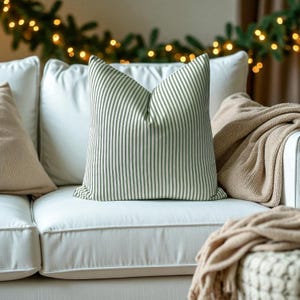Green Ticking Stripe Pillow Cover Cozy Cottage Decorative Cushion Modern Rustic Accent Holiday Throw Pillow Quick Ship