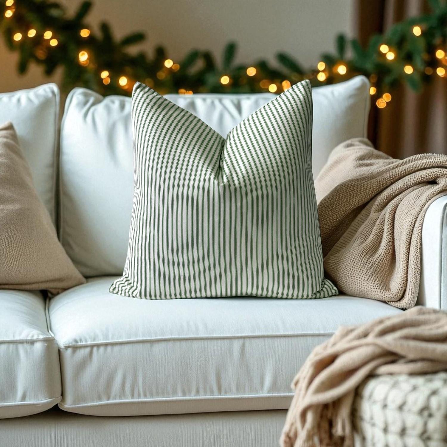 Green Ticking Stripe Pillow Cover Cozy Cottage Decorative Cushion Modern Rustic Accent Holiday Throw Pillow Quick Ship
