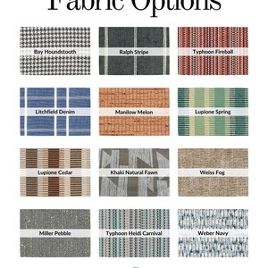 May include: A grid of fabric swatches with names like "Bay Houndstooth," "Ralph Stripe," and "Typhoon Fireball." The image displays various patterns and colors, including stripes, checks, and textured weaves. The text "Fabric Options" is at the top.