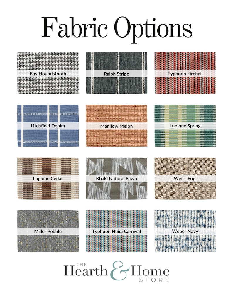 May include: A grid of fabric swatches with names like "Bay Houndstooth," "Ralph Stripe," and "Typhoon Fireball." The image displays various patterns and colors, including stripes, checks, and textured weaves. The text "Fabric Options" is at the top.
