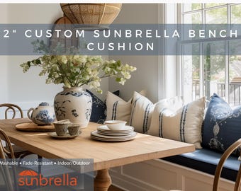 Custom Blue or Green Bench Cushion Sunbrella® 2&quot; – Window Seat Cushion, Indoor/Outdoor Navy, Sage, Washable Fade-Resistant, Made to Order
