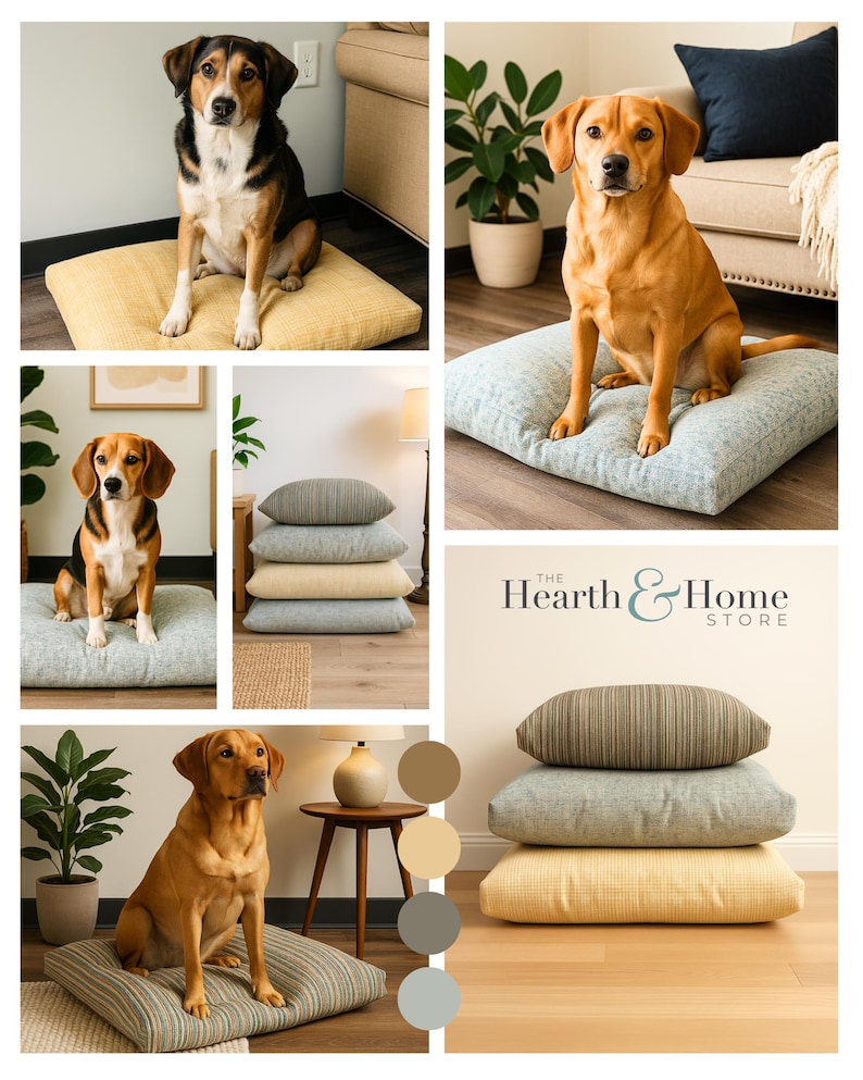 Custom Size Pet Bed Designer Fabric Options Eco Friendly Post Industrial Recycled Foam Dog Cushion Collection Sustainable Materials Machine Washable Cover Multiple Sizes Available Quality Interior Filling Modern Pet Furniture Elegant Home