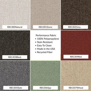 Performance fabric color chart featuring Natural, Stone, Grey, Black, Red, Slate, Spa, and Wheat swatches. 100% polypropylene, stain resistant, easy to clean, made in the USA with recycled fiber