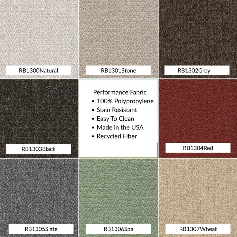 Performance fabric color chart featuring Natural, Stone, Grey, Black, Red, Slate, Spa, and Wheat swatches. 100% polypropylene, stain resistant, easy to clean, made in the USA with recycled fiber