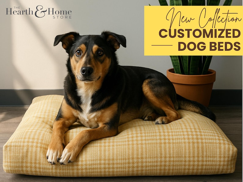 May include: A dog rests on a yellow plaid dog bed. The dog has black and brown fur. The bed is rectangular and has a yellow plaid pattern. Text in the image reads "New Collection Customized Dog Beds."