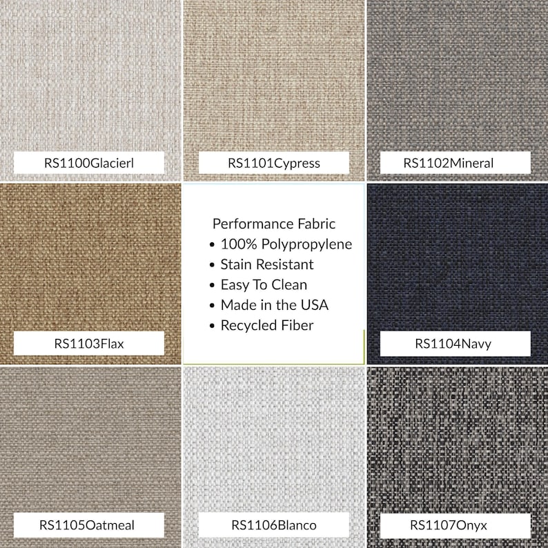 Grid of eight neutral performance fabric swatches labeled Glacier, Cypress, Mineral, Flax, Navy, Oatmeal, Blanco, and Onyx, with text in the center reading: Performance Fabric, 100% Polypropylene, Stain Resistant, Easy to Clean, Made in the USA, Recycled Fiber.