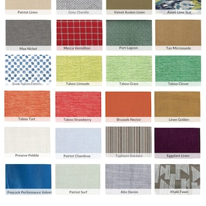 a collection of various fabric swatches and patterns, including patriotic linens, high-performance velvet, and different types of linen.