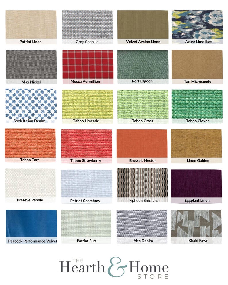 a collection of various fabric swatches and patterns, including patriotic linens, high-performance velvet, and different types of linen.