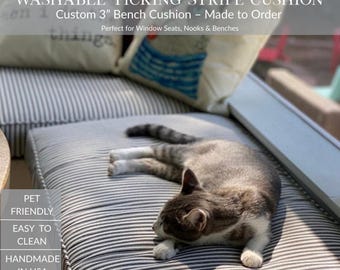 3 Inch  Washable Ticking Stripe Custom Bench Cushion for Window Seats Pet Friendly Mudroom Seat Easy To Clean Kitchen Nook Cushions