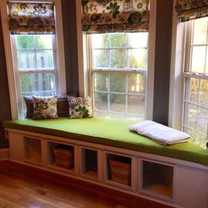 custom bench cushion in fabric on window seat or mudroom bench, removable cover and comfy foam