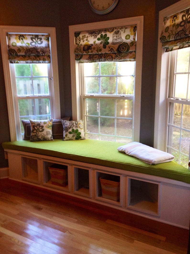 custom bench cushion in fabric on window seat or mudroom bench, removable cover and comfy foam