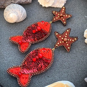 Handmade Beaded Fish Earrings: Red Sequin Starfish Dangle Jewelry