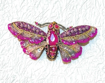 Handmade Beaded Moth Brooch: Crystal Embroidered Insect Pin