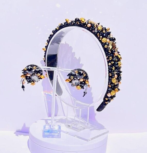 Black & Gold Beaded Headband and Earrings Set: Handmade  display picture 1