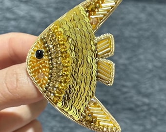 Handmade Beaded Fish Brooch: Gold Sequin Statement Pin