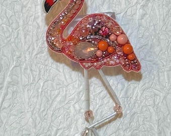Handmade Beaded Flamingo Brooch: Pink Crystal Animal Lapel Pin