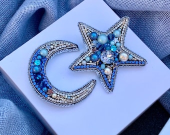 Broche de estrella y luna con cuentas hecho a mano: broche de diamantes de imitación celestiales