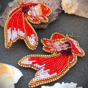 Handmade Beaded Goldfish Earrings: Red Sequin Statement Jewelry