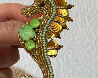 Handmade Gold Seahorse Brooch, Beaded Sea Life Jewelry