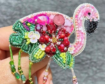 Handmade Beaded Flamingo Brooch: Pink Bird Pin, Tropical Jewelry