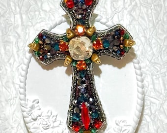 Handmade Beaded Cross Brooch: Colorful Swarovski Crystal Religious Pin