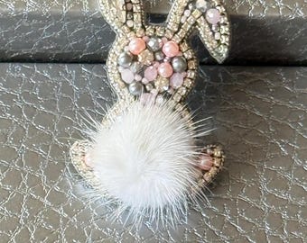 Handmade Beaded Bunny Brooch: Faux Fur Tail, Easter Pin