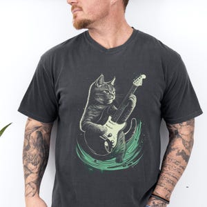 Comfort Colors® Rockstar Cat Playing Guitar T-Shirt, Funny Music Cat Tee, Cool Kitty Band Shirt for Cat Lovers