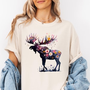 Comfort Colors® Floral Majestic Moose T-Shirt, Perfect for Nature Lovers Tee, Rustic Wildlife Moose Shirt, Mountain Moose Shirt, Moose Gift