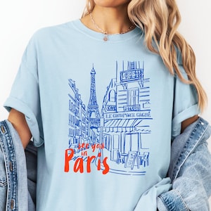 Comfort Colors® Paris Street View T-Shirt, See You in Paris Tee, Eiffel Tower Sketch Shirt, French Cafe Graphic Tee,Parisian Aesthetic Shirt