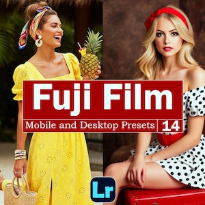 May include: Image showing two women, one in a yellow dress with a pineapple drink, the other in a polka dot dress. The text "Fuji Film Mobile and Desktop Presets 14" is on a red banner. The Adobe Lightroom logo is in the bottom right corner of the image.