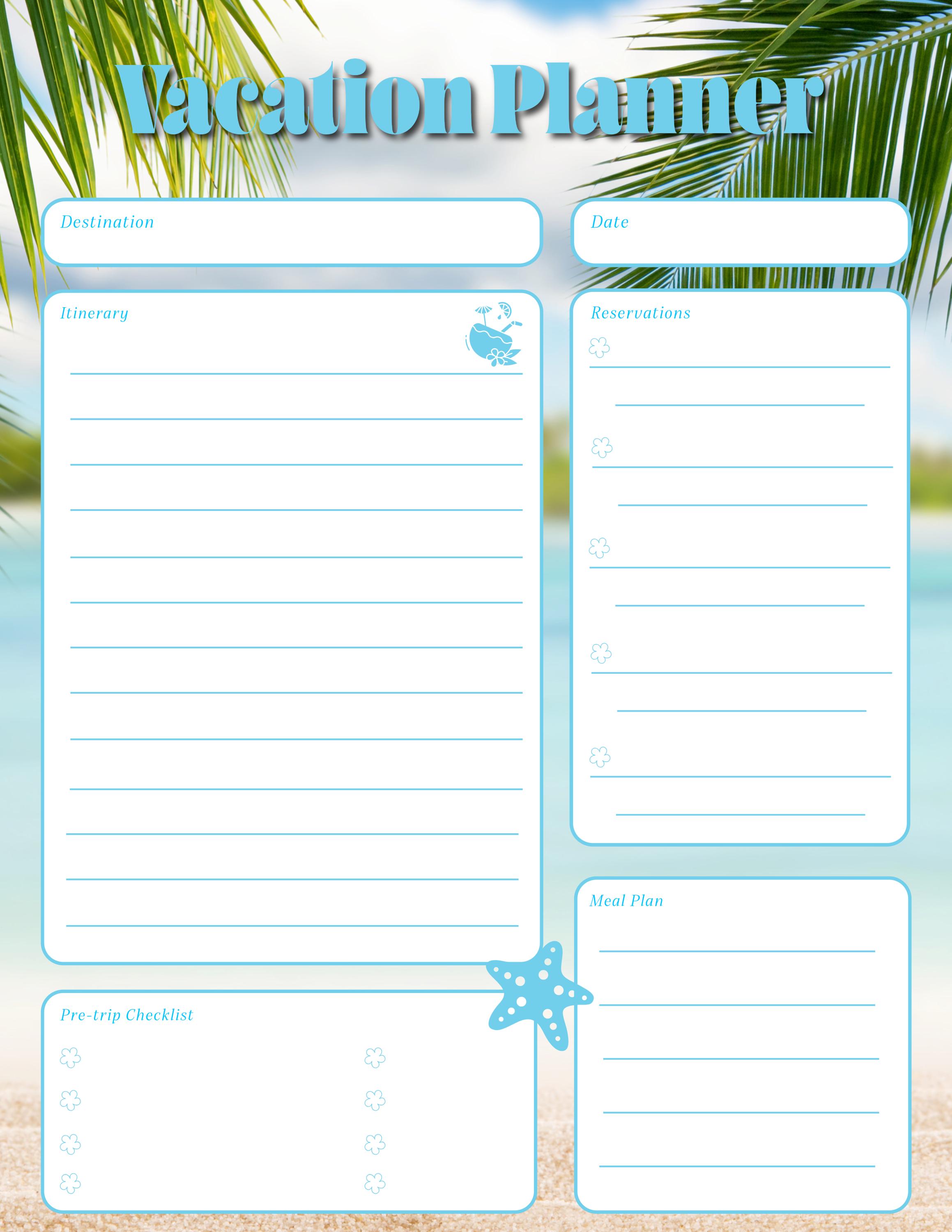 Beach Vacation Planner Printable, Travel Itinerary Template, Packing ...