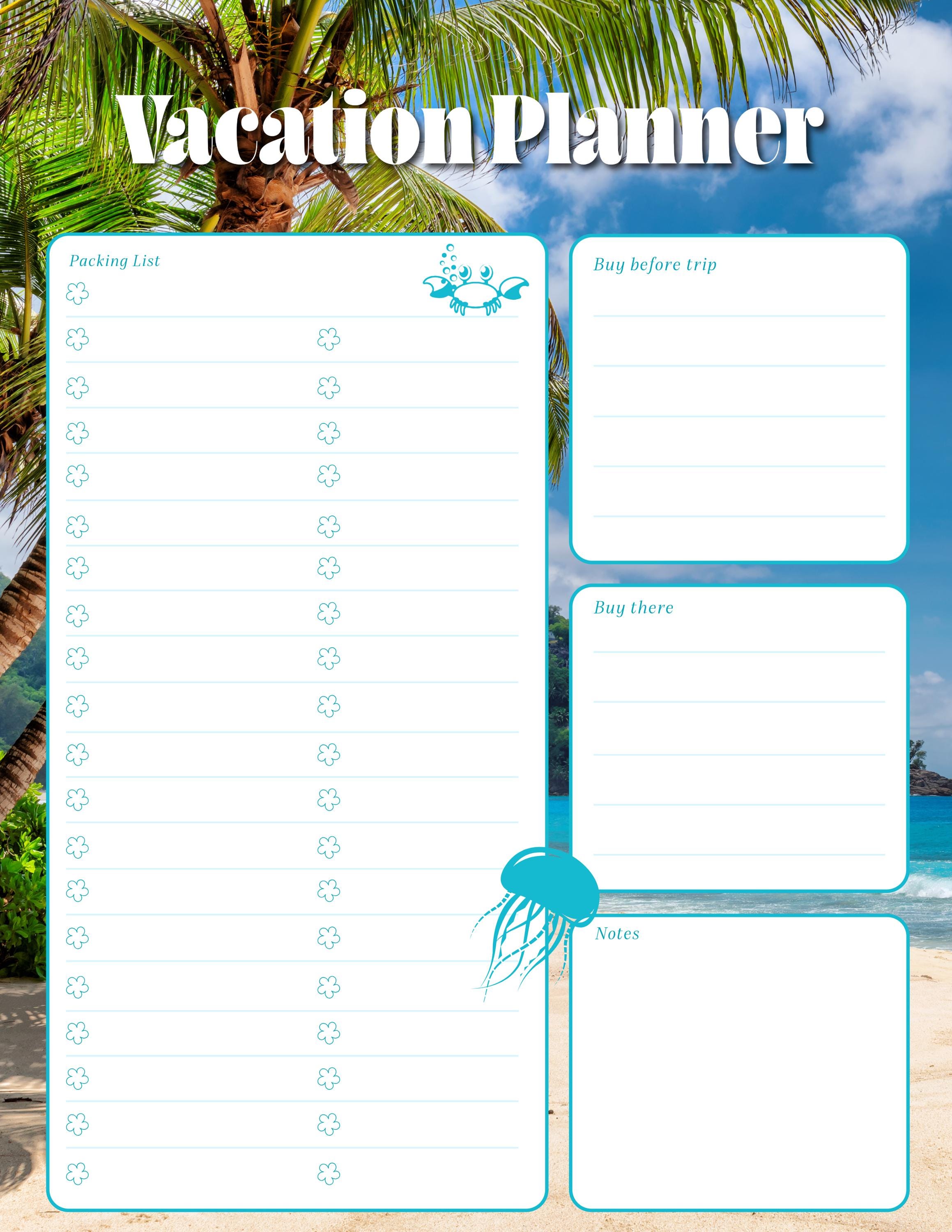 Beach Vacation Planner Printable, Travel Itinerary Template, Packing ...