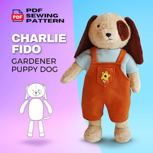 Puede incluir: Un patrón de costura PDF para un perro de peluche llamado Charlie Fido. El patrón incluye instrucciones para hacer un cachorro jardinero con un mono y un parche de flores. Un dibujo de línea del perro se muestra en el lado izquierdo de la imagen.