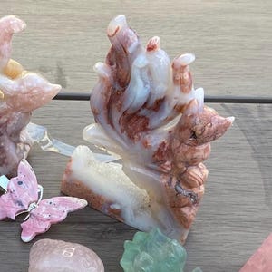 Cotton candy agate 9 tail fox crystal display ornament, chic, boho, lucky, hand carved, kitsune, good fortune, mythical, story, unique