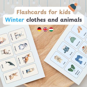 May include: Flashcards for kids featuring winter clothes and animals. The cards show illustrations of a penguin, polar bear, arctic fox, otter, whale, rabbit, coat, boots, wool hat, socks, mittens, gloves, and scarf.
