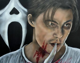May include: A painting depicting a person with dark hair, blood, and a knife. A white mask is in the background. The person is wearing a white shirt and has blood on their neck and mouth. The knife is held near the person's mouth.
