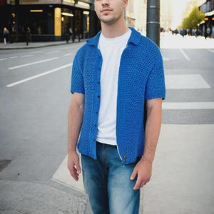 Handmade Blue Crochet Shirt: Men&#39;s Boho Beach Knit Cardigan