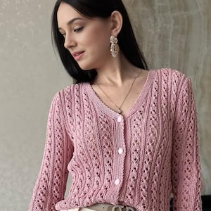 Lace Cardigan for Women, Handmade Knit Cardigan, Pink Cotton Summer Top – Crochet Button Down, Lightweight Feminine Sweater, Boho Style