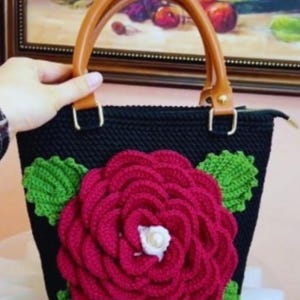 Handmade Crochet Flower Bag with 3D Rose, Knitted Floral Purse with Pearl Center, shoulder bag – Unique Gift for Her – crochet pattern bag