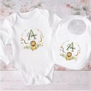 Personalized Baby Bib and Romper, 2 Pieces, Animal Initial with Name, Newborn Bibs, Bodysuit Set, Infant Birth Shower Gift, newborn romper