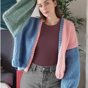 Handmade Chunky Knit Color Block Cardigan: Balloon Sleeve Knitwear