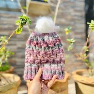 Hand Knit Acrylic Beanie: Multi-Colored Striped Hat